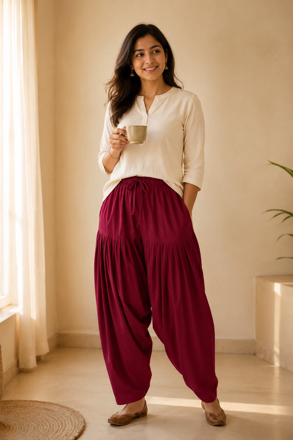 Woman wearing a maroon cotton salwar pant at home with morning chai
